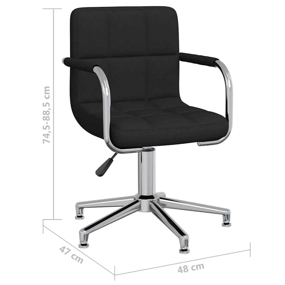 Silla de oficina negra con base cromada y altura ajustable.