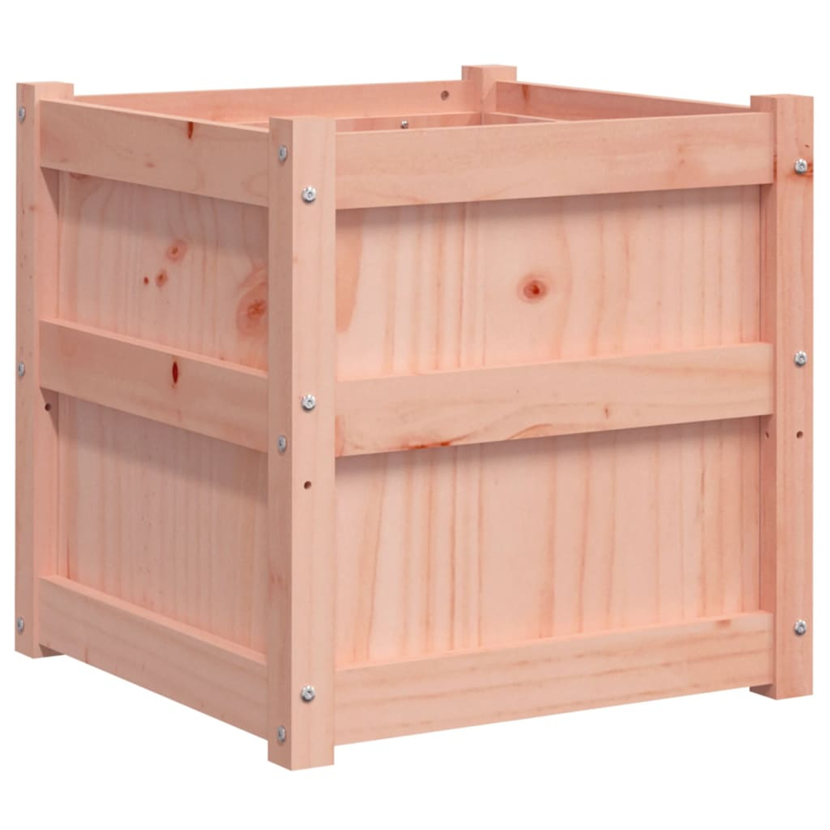 Eine hölzerne Kiste aus hellen Holzbrettern, die mit Schrauben zusammengehalten werden.