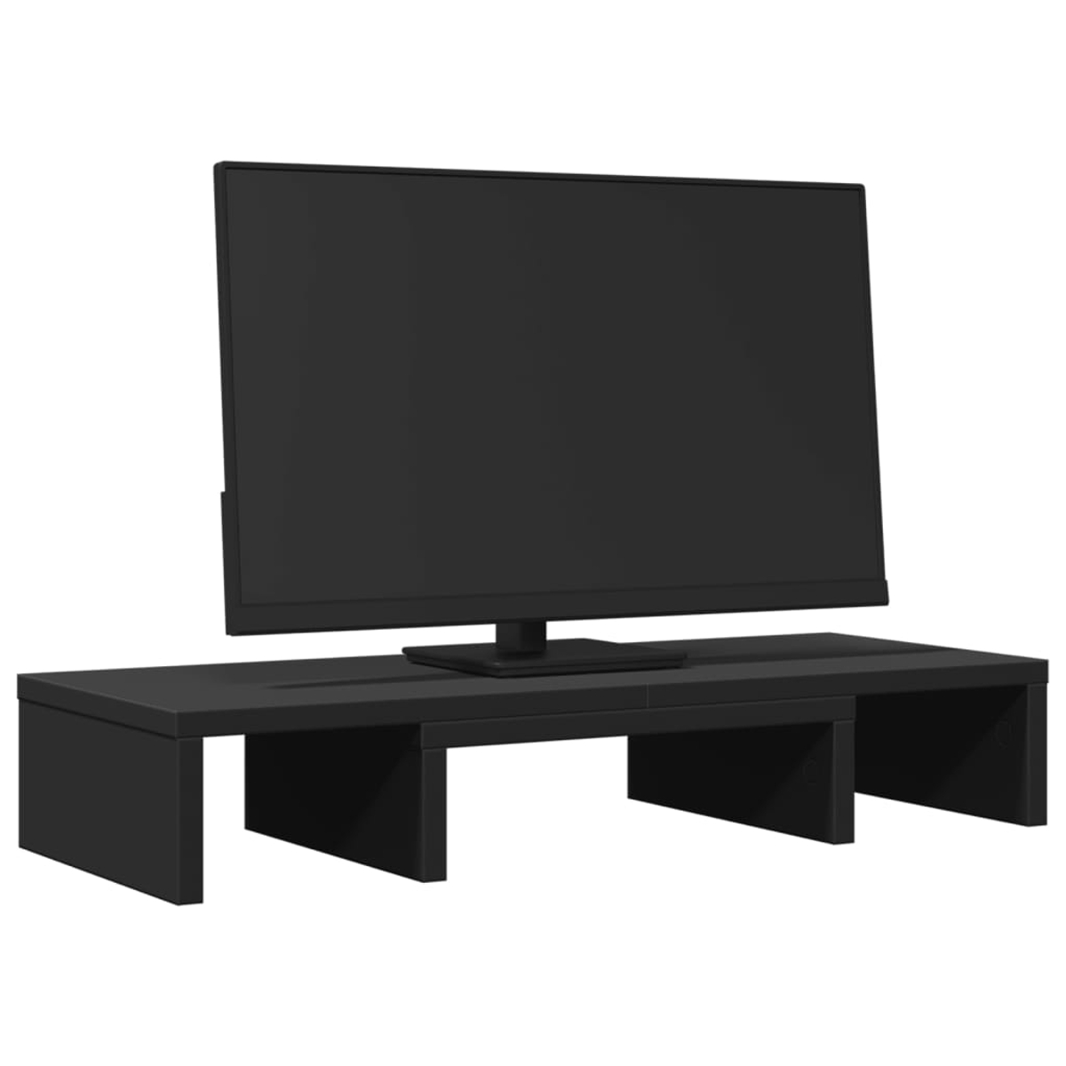 Ein schwarzer Monitor steht auf einem schwarzen TV-Ständer mit offenen Fächern.