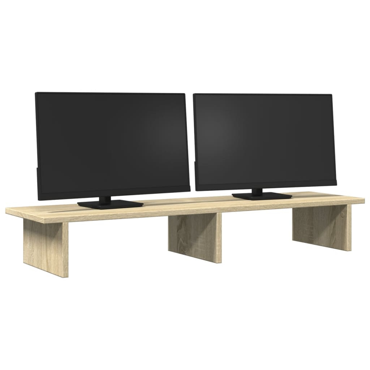 Zwei schwarze Monitore stehen auf einem hellbraunen Holzständer.
