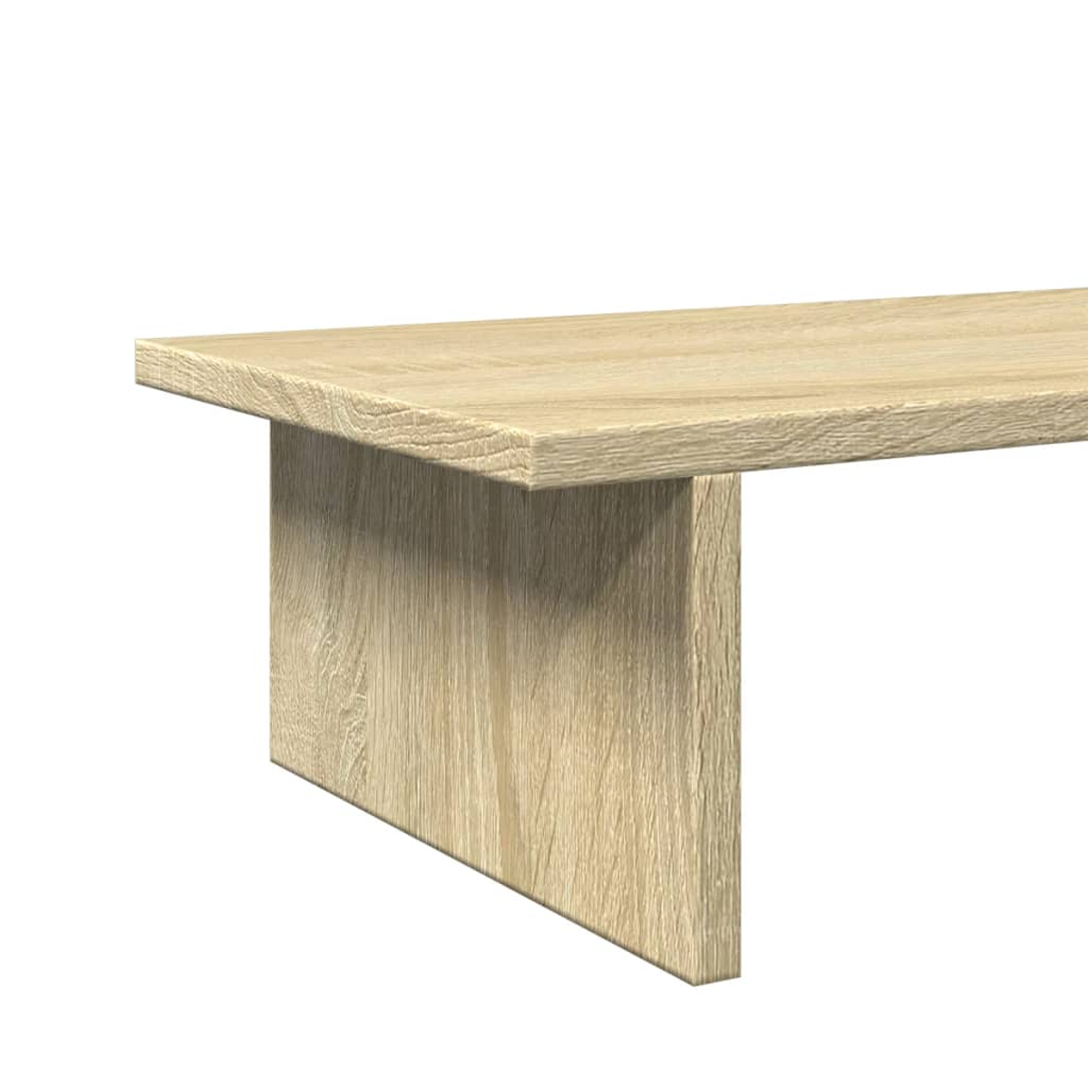 Ein heller Holztisch mit einer Platte und einem Bein.