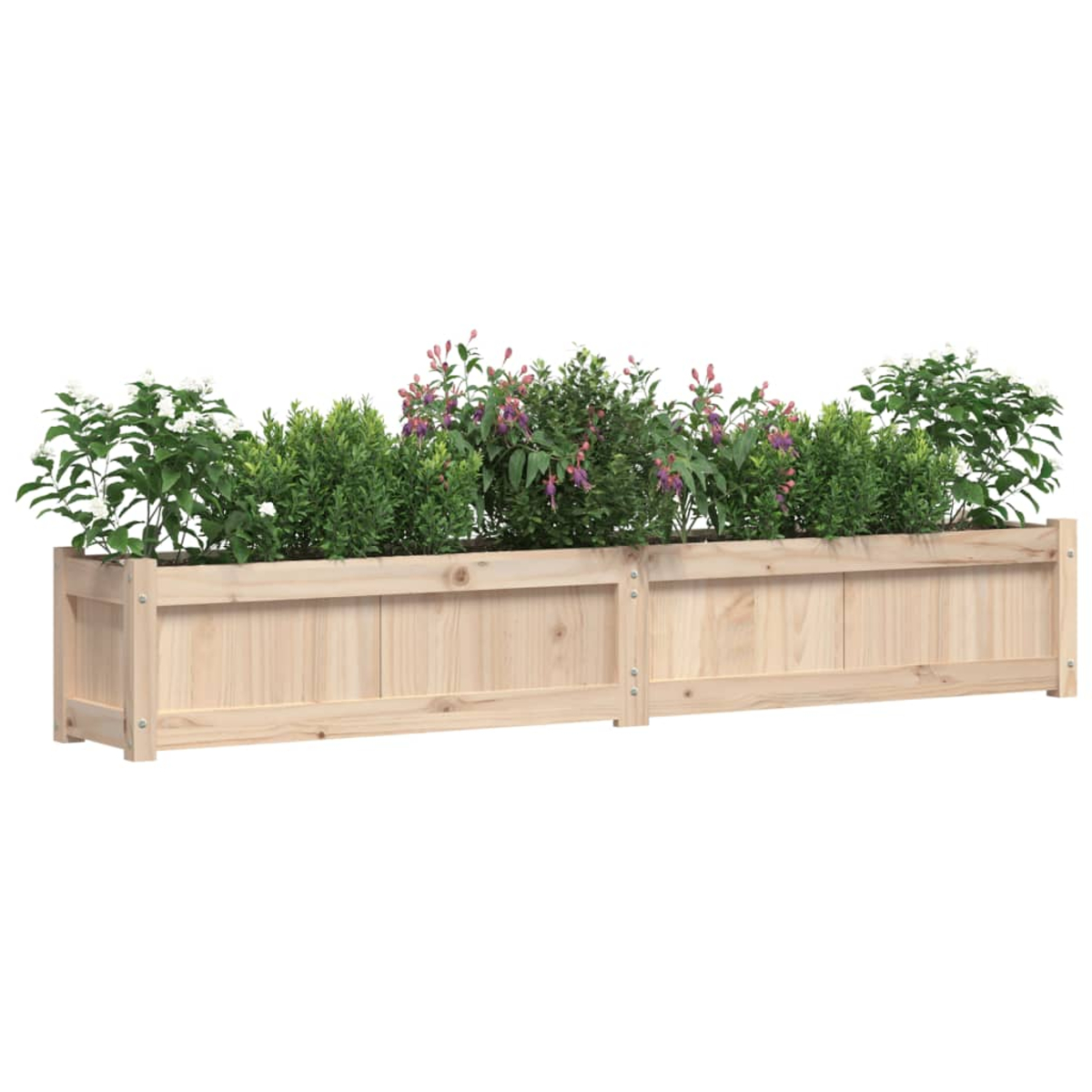 Ein langer, rechteckiger Holzkasten mit verschiedenen Pflanzen und Blumen.