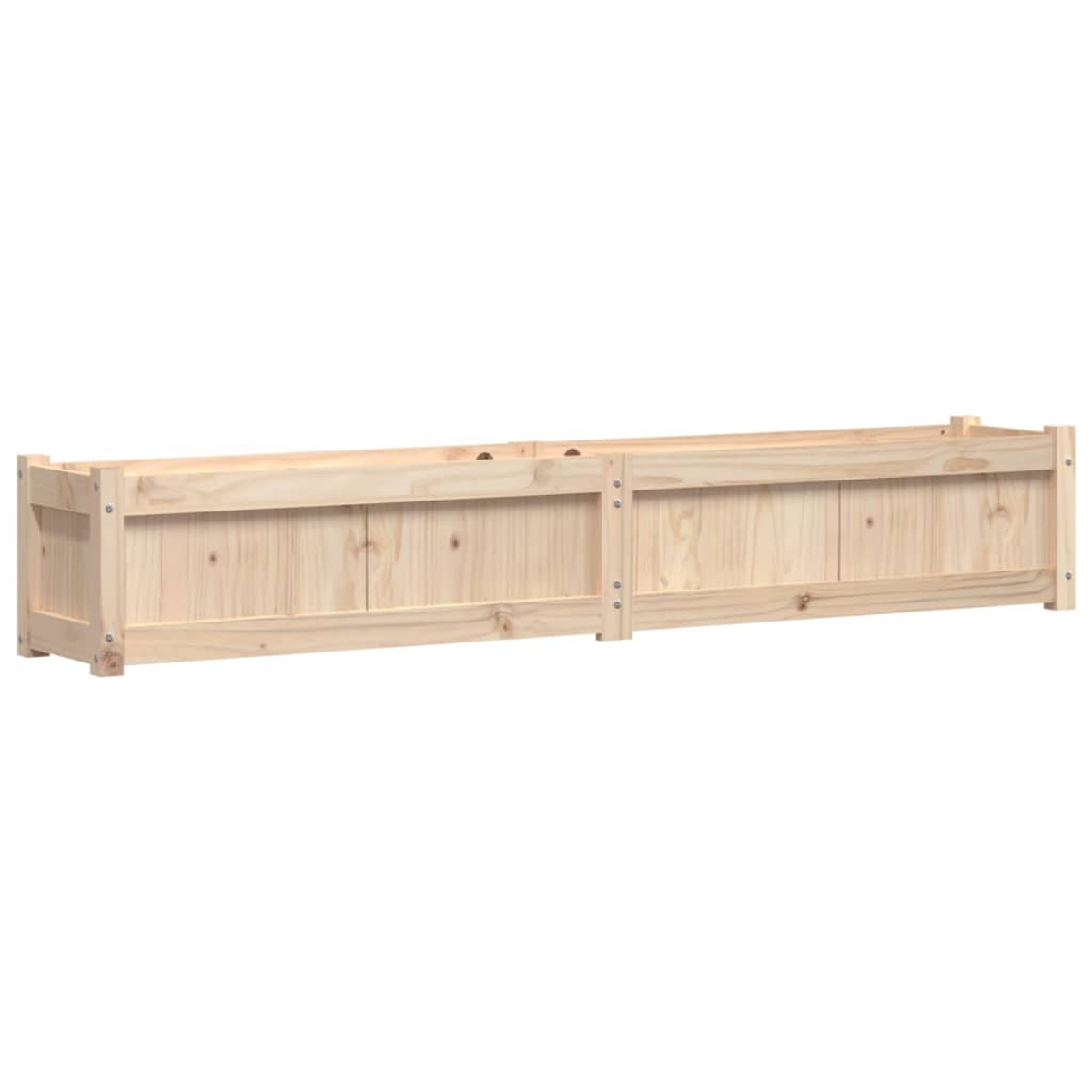 Ein langer, niedriger Holzkasten aus Kiefernholz mit zwei Fächern.