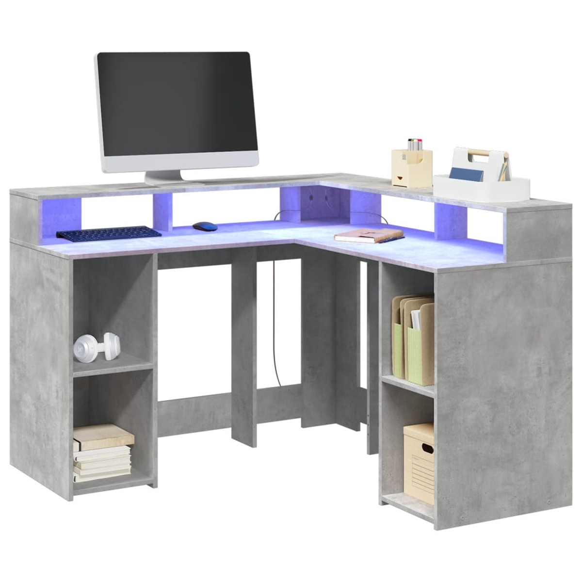 Beton L-Schreibtisch mit Monitor, Tastatur, Maus, Kopfhörern, Büchern und Akten.