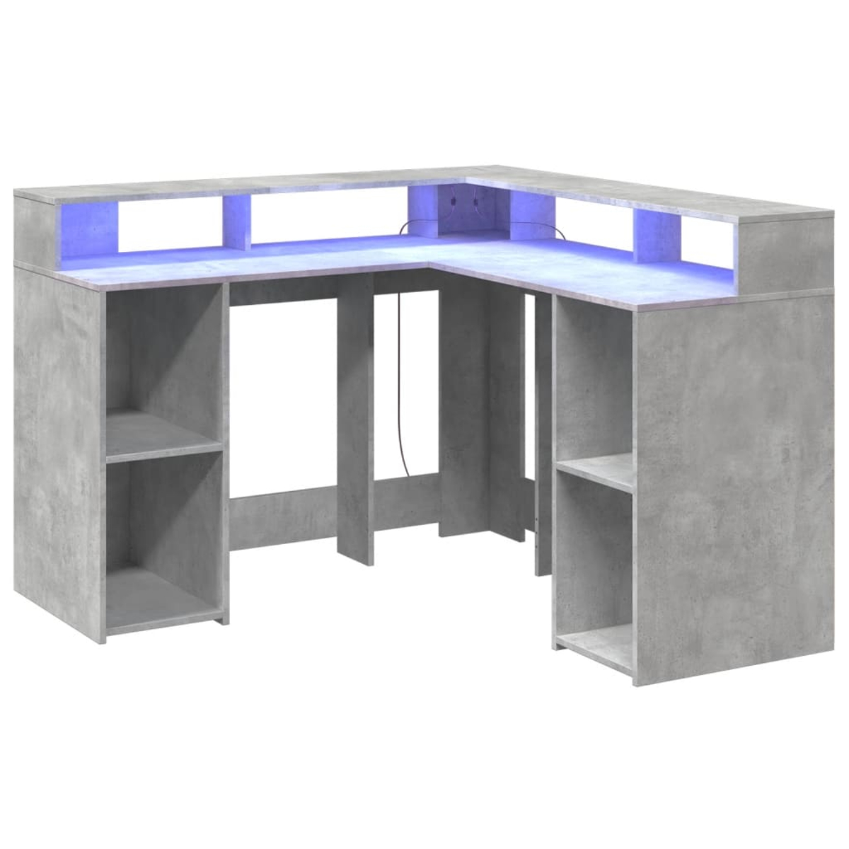 Grauer Eckschreibtisch mit Regalen und blauer LED-Beleuchtung.