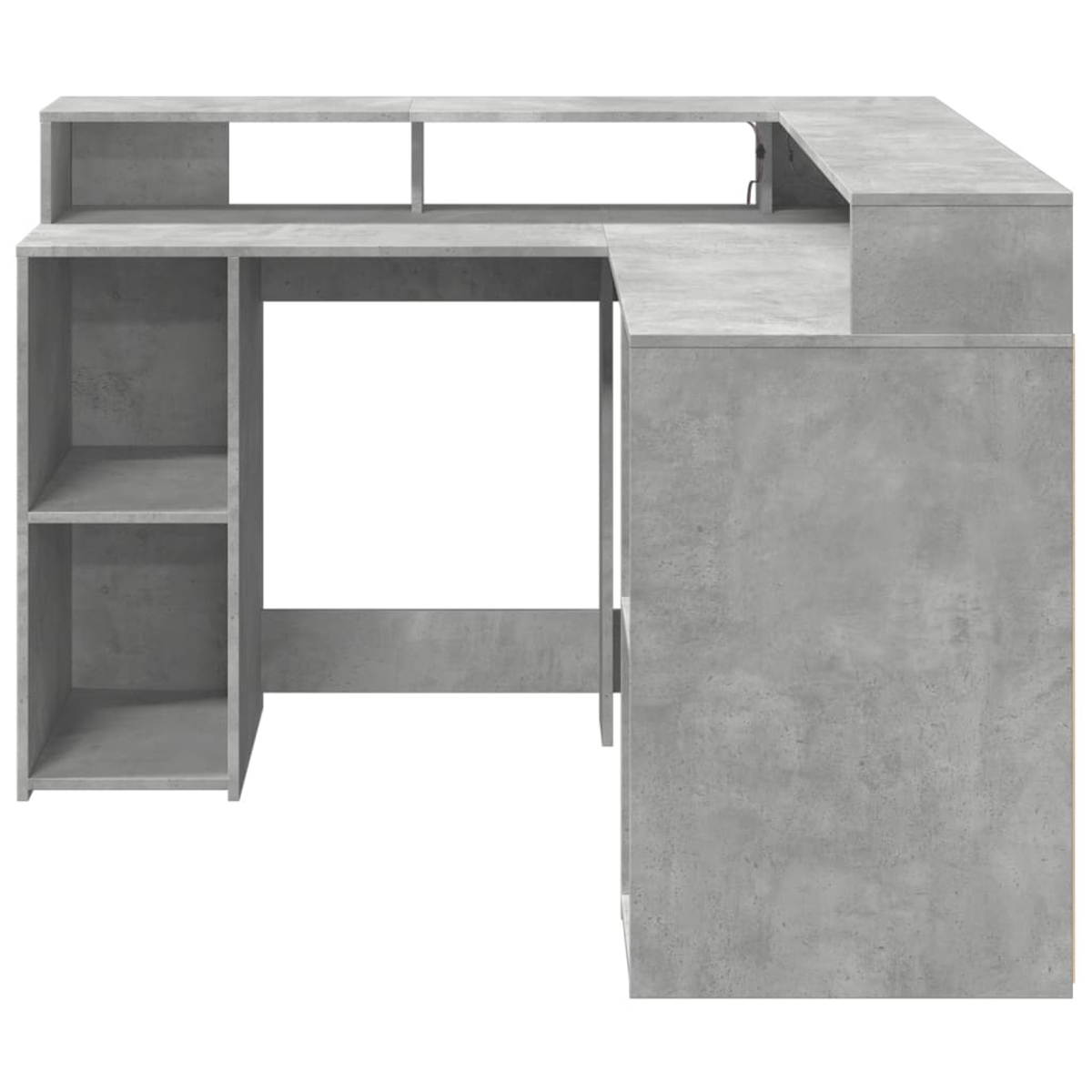 Grauer L-förmiger Schreibtisch mit offenen Regalen und Schubladen.