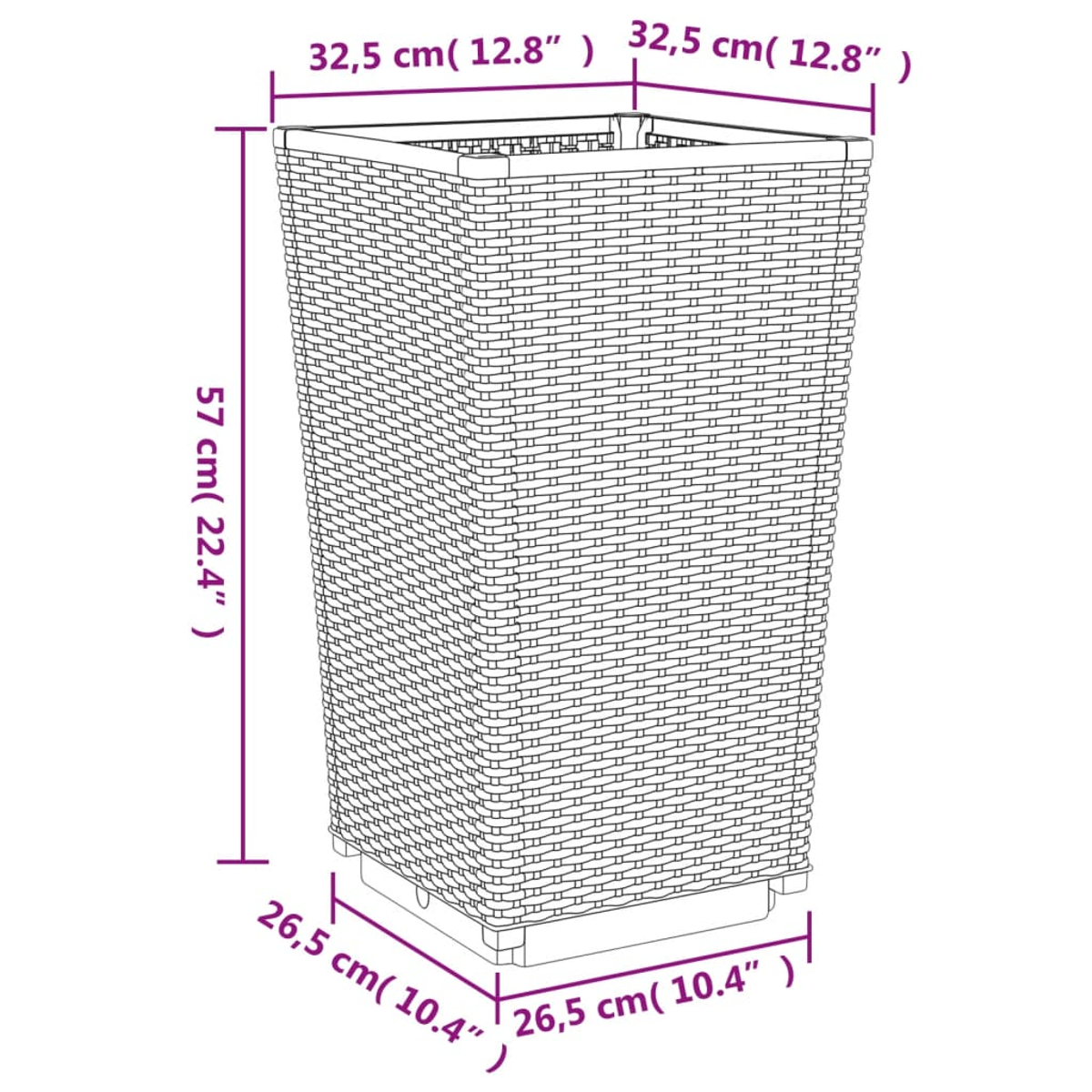 Rattan-Pflanzgefäß mit Maßen: 57 cm hoch, 32,5x32,5 cm oben, 26,5x26,5 cm unten.