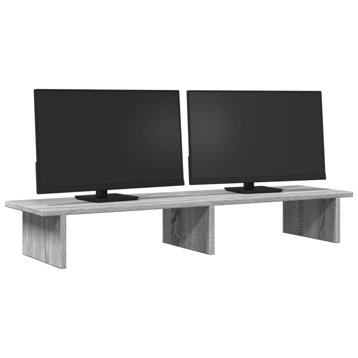 Zwei schwarze Monitore auf einem Monitorständer in Grauholzoptik.