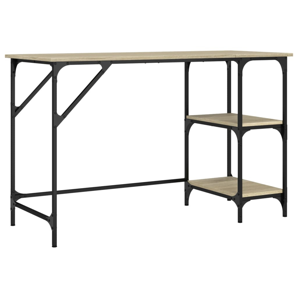 Ein heller Holzschreibtisch mit schwarzem Metallrahmen und zwei Regalen rechts.