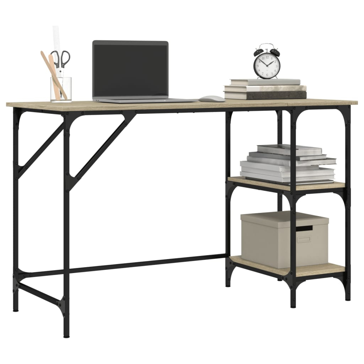 Ein Schreibtisch mit Laptop, Maus, Wecker, Büchern und Aufbewahrungsbox.