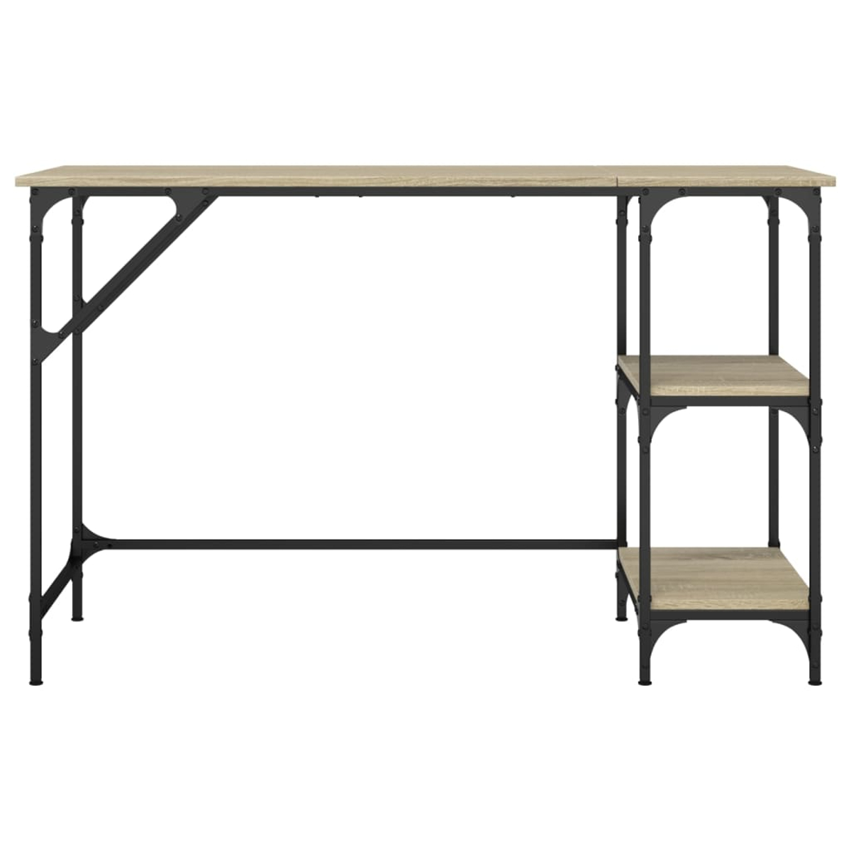 Ein heller Holzschreibtisch mit schwarzem Metallrahmen und drei Regalen rechts.