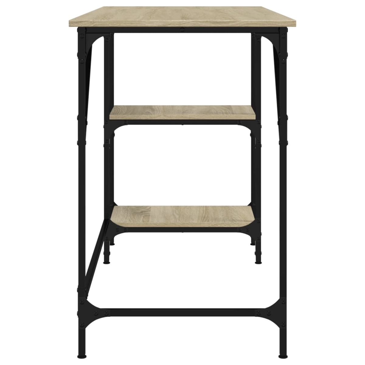Ein schmaler Schreibtisch mit Holzplatte und zwei Regalböden, schwarzes Metallgestell.