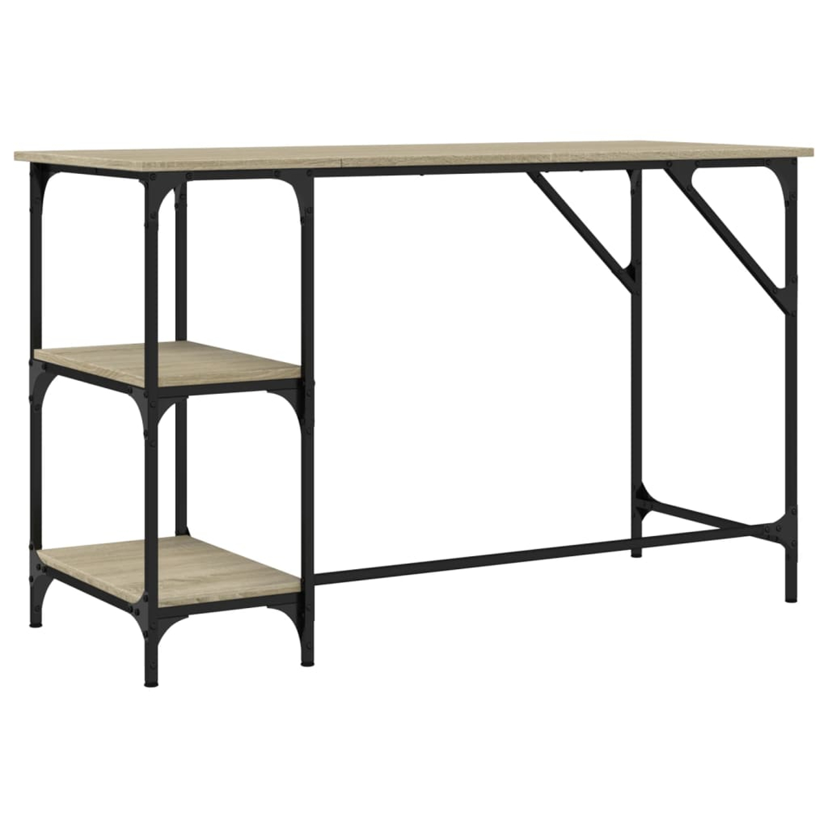 Ein Schreibtisch mit Holzplatte und schwarzen Metallbeinen und Regalen.