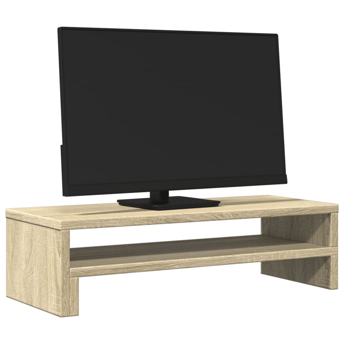 Ein schwarzer Fernseher auf einem hellbraunen Holzregal mit zwei Fächern.