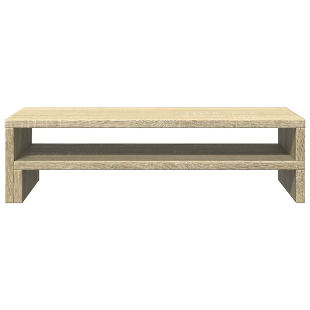 Ein hellbraunes Holzregal mit zwei Fächern auf weißem Hintergrund.