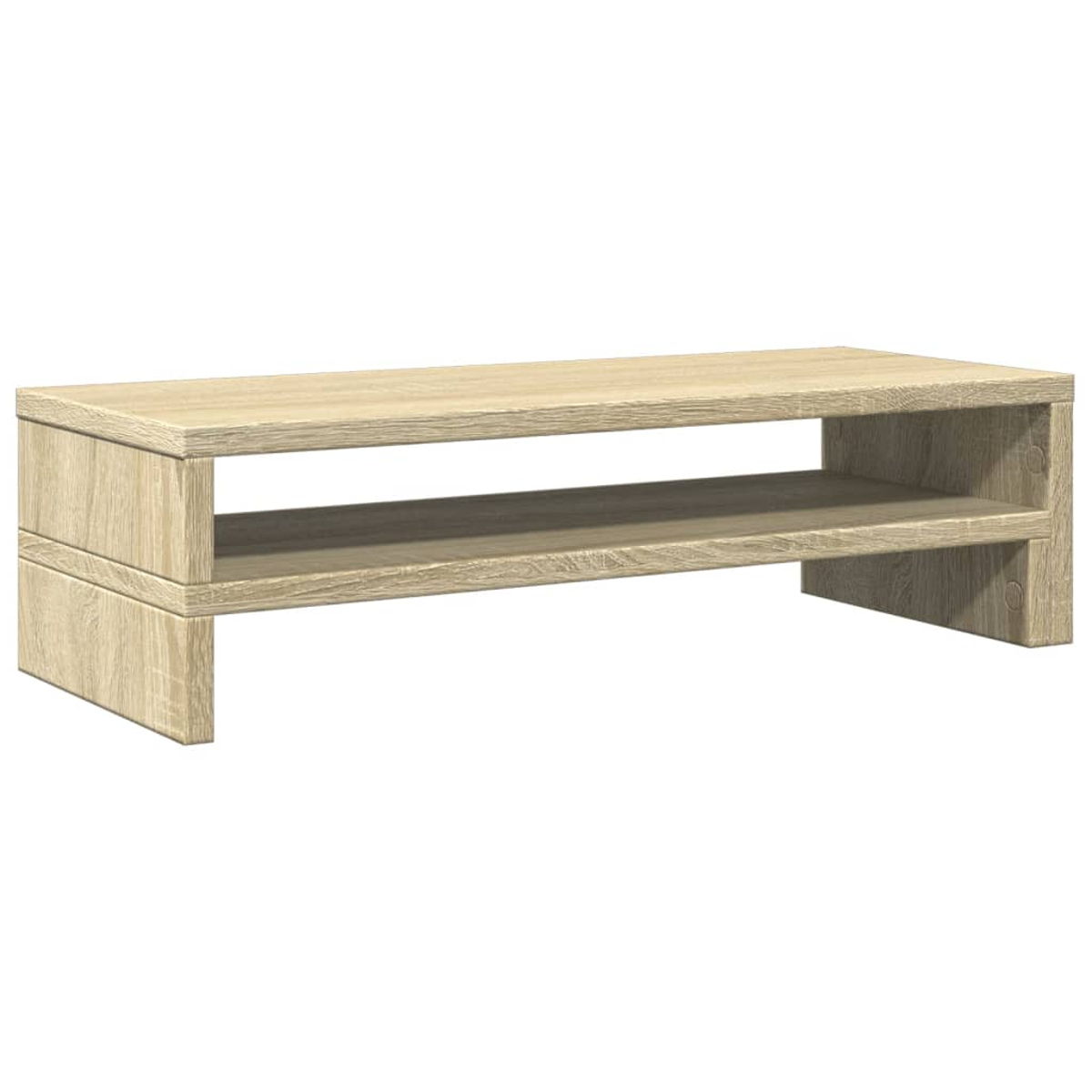 Ein hellbraunes Holzregal mit zwei Ebenen und offenem Fach.