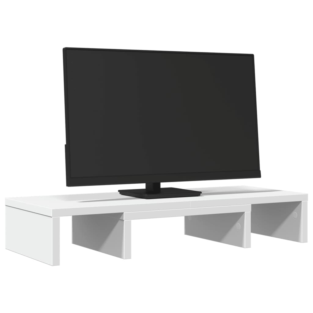 Ein schwarzer Flachbildschirm-Monitor steht auf einem weißen Regal. Das Regal hat Beine.