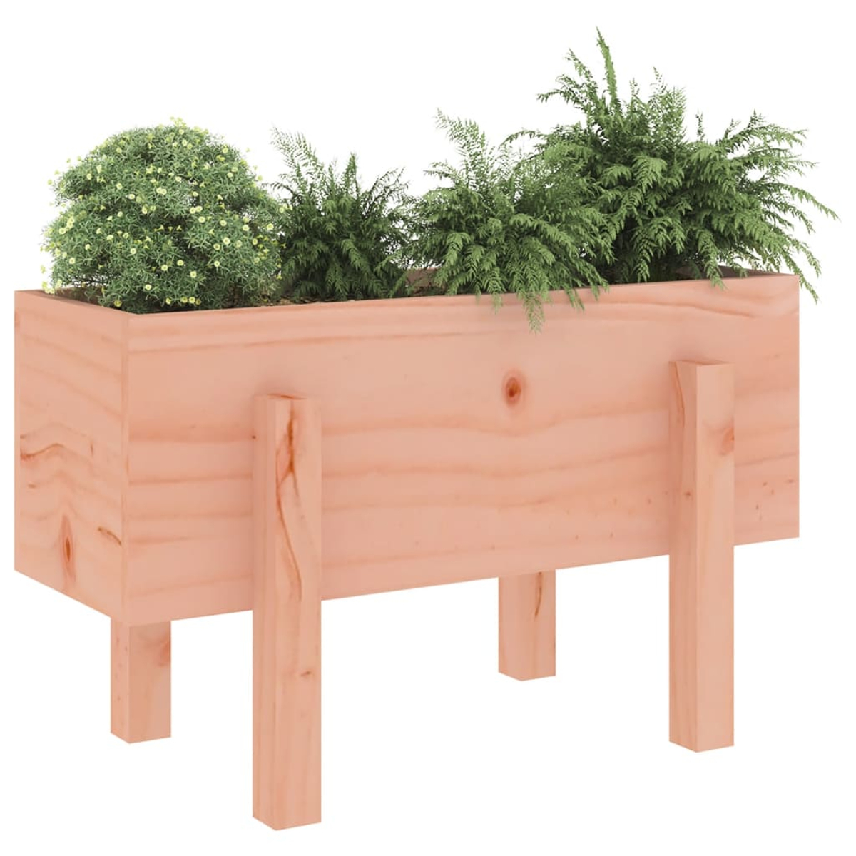 Holz-Hochbeet mit vier Beinen, gefüllt mit grünen Pflanzen und kleinen gelben Blüten.