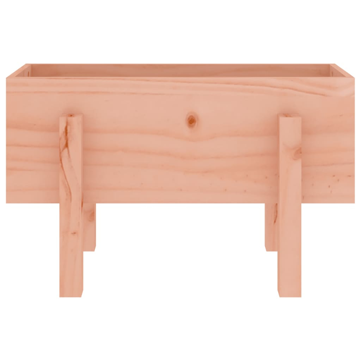 Ein hölzerner Pflanzkasten auf vier Beinen, mit natürlicher Holzmaserung.