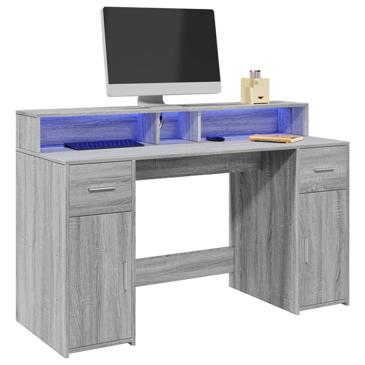 Ein Schreibtisch in Grauton mit Holzmaserung, Monitor, Tastatur und blauer LED-Beleuchtung.