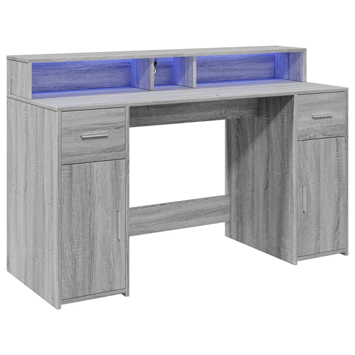 Grauer Schreibtisch mit Schubladen, Türen und blauer LED-Beleuchtung.