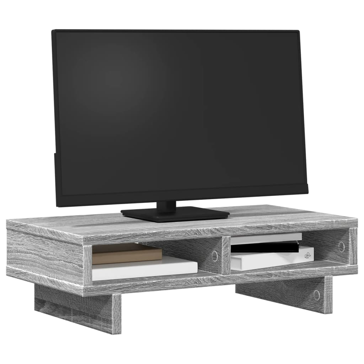 Ein schwarzer Fernseher steht auf einem grauen Holz-TV-Ständer mit zwei offenen Fächern.