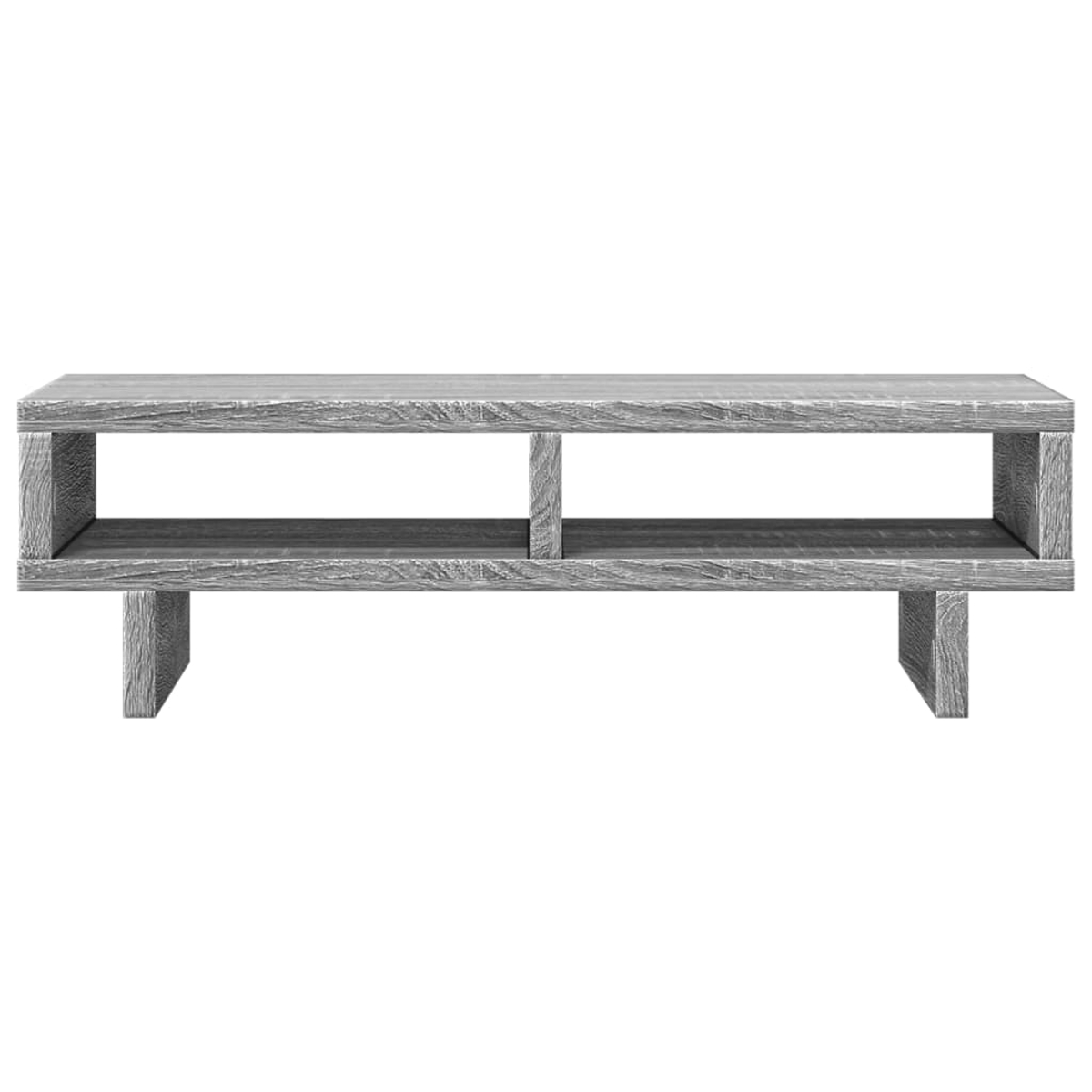Ein graues Holz-Lowboard mit zwei offenen Fächern und zwei vertikalen Stützen.