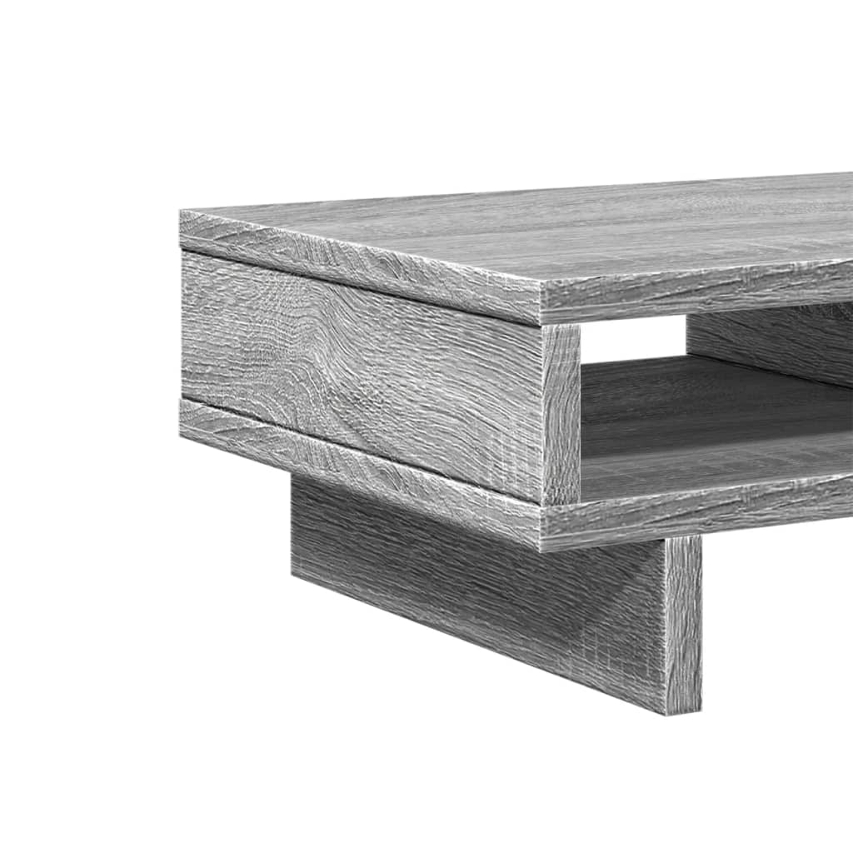 Graues Holzregal mit einer Schublade und einem offenen Fach.