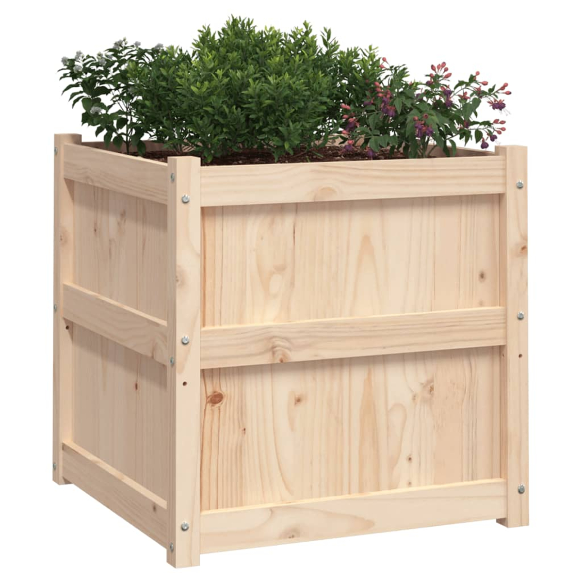 Ein hölzerner Blumenkasten mit grünen Pflanzen und kleinen lila Blumen.