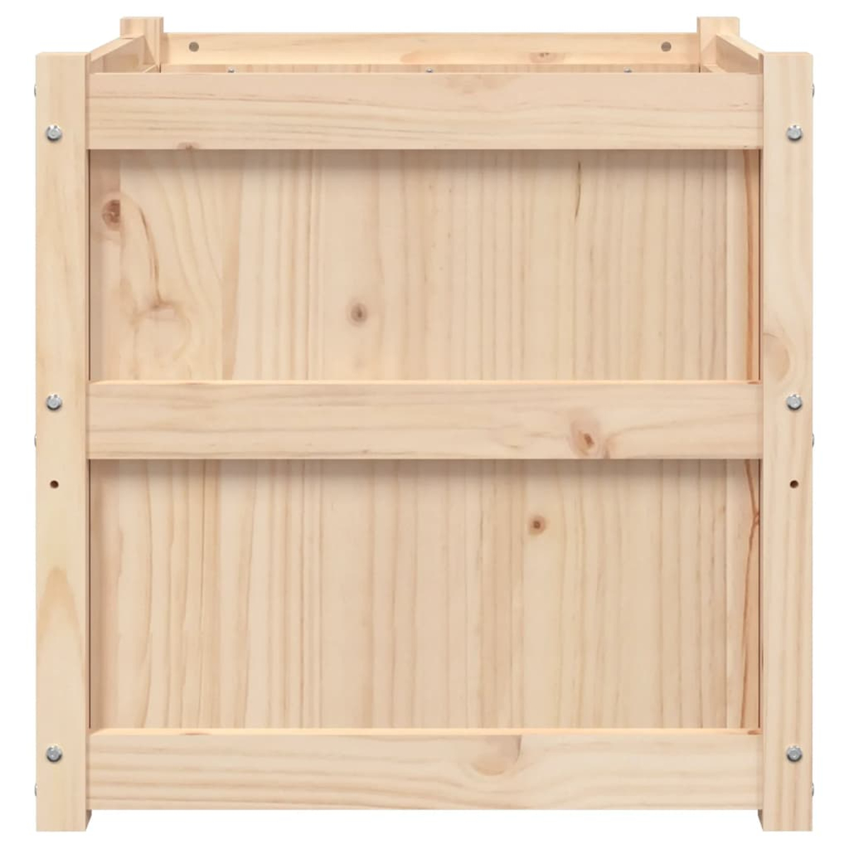 Ein helles Holzkistenregal mit sichtbaren Holzmasern und Metallschrauben.