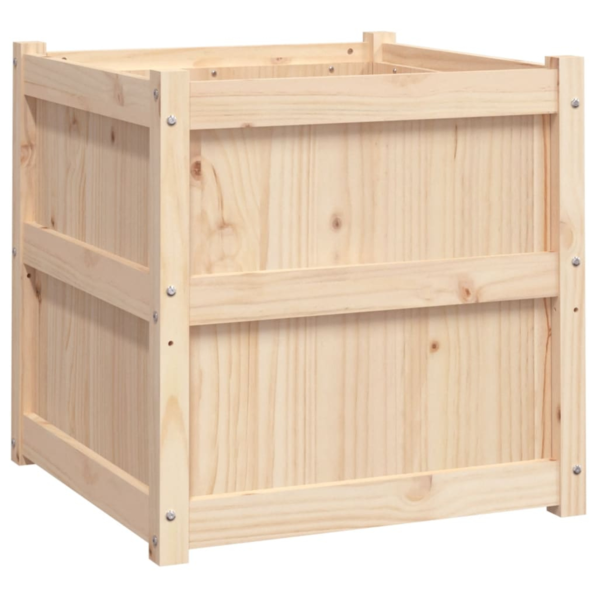 Ein heller Holzkasten mit vertikalen Brettern und horizontalen Verstrebungen.