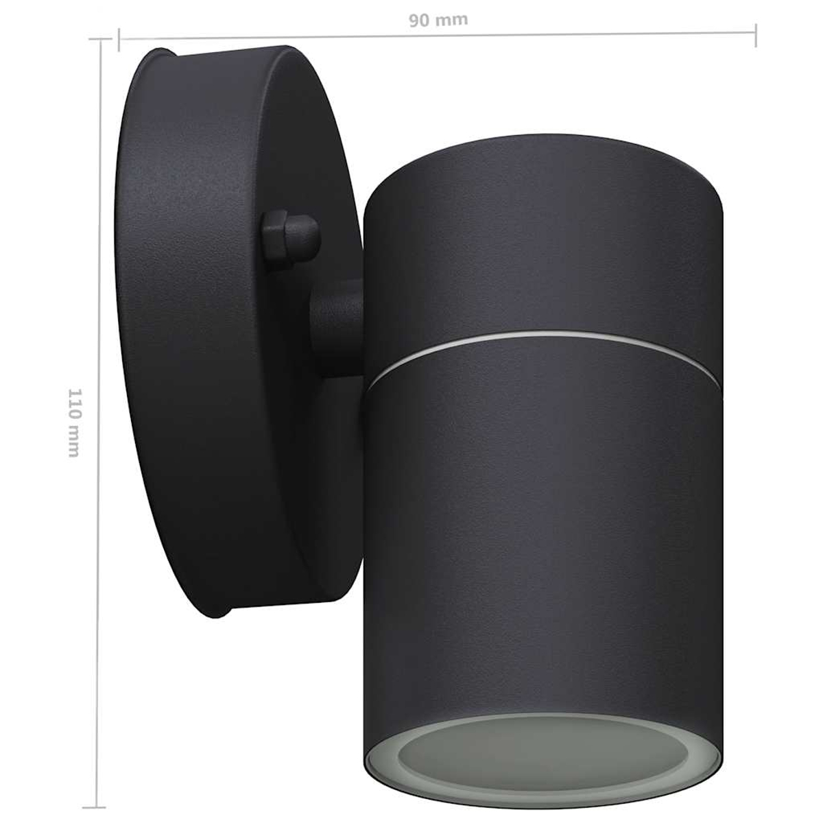 Schwarze Wandleuchte mit zylindrischem Lampenschirm und Maßen 90x110 mm.