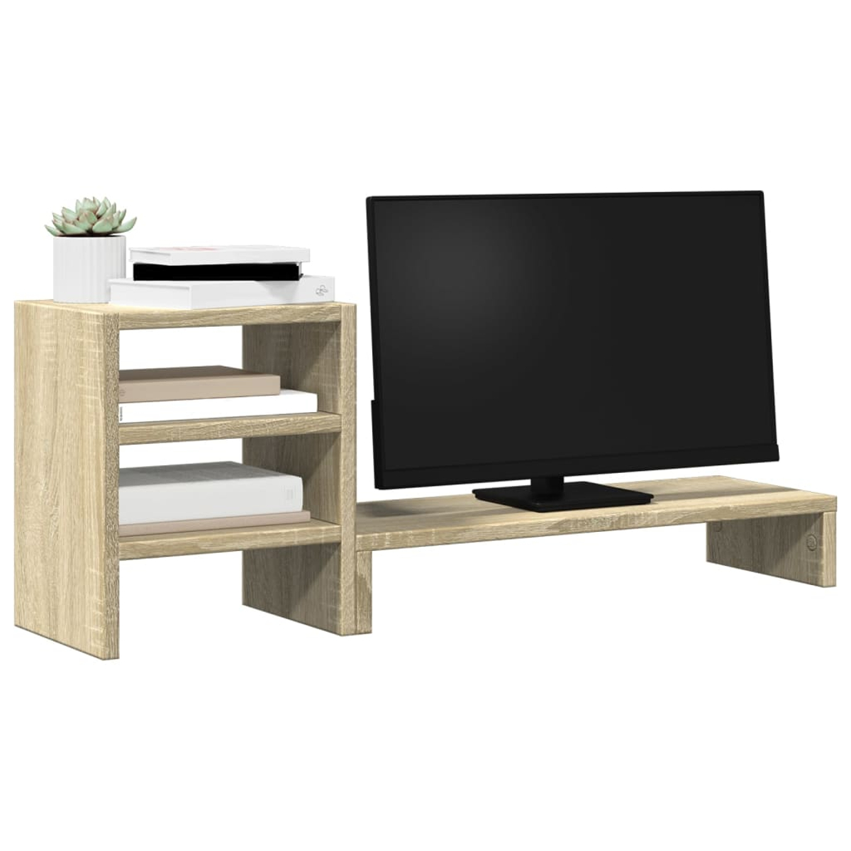 Ein Holzfernsehtisch mit einem Monitor, Büchern und einer Pflanze.