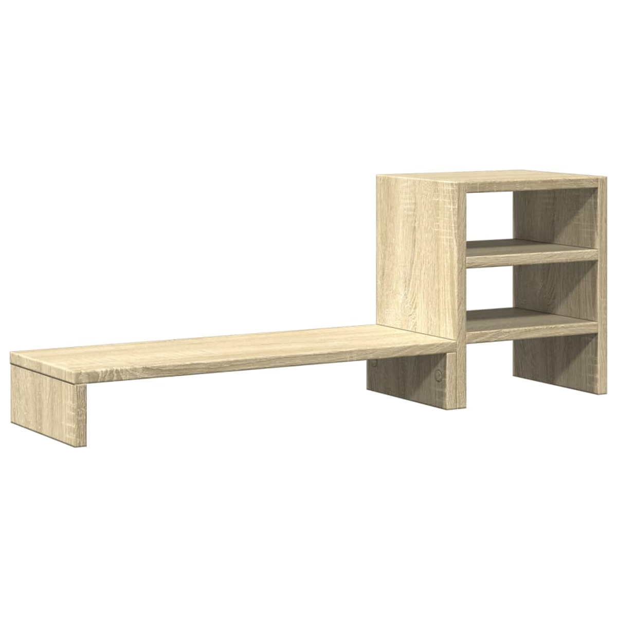 Ein hellbraunes Holzregal mit einem langen, niedrigen Fach und einem hohen Fach.