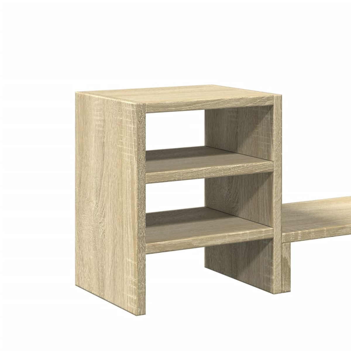 Ein hellbraunes Holzregal mit drei Ebenen und einem zusätzlichen Regal rechts.