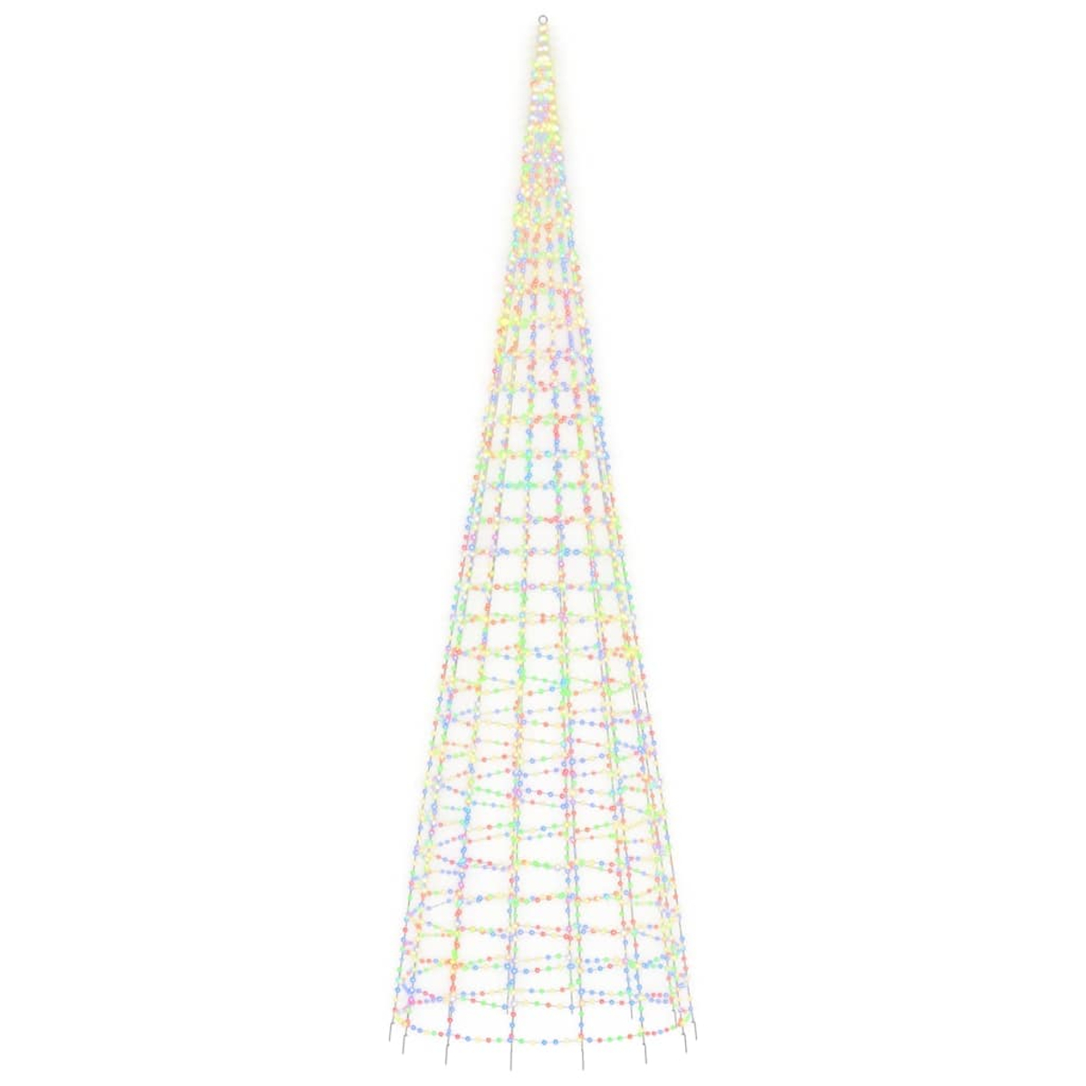 Ein kegelförmiger Weihnachtsbaum mit bunten Lichtern auf weißem Hintergrund.