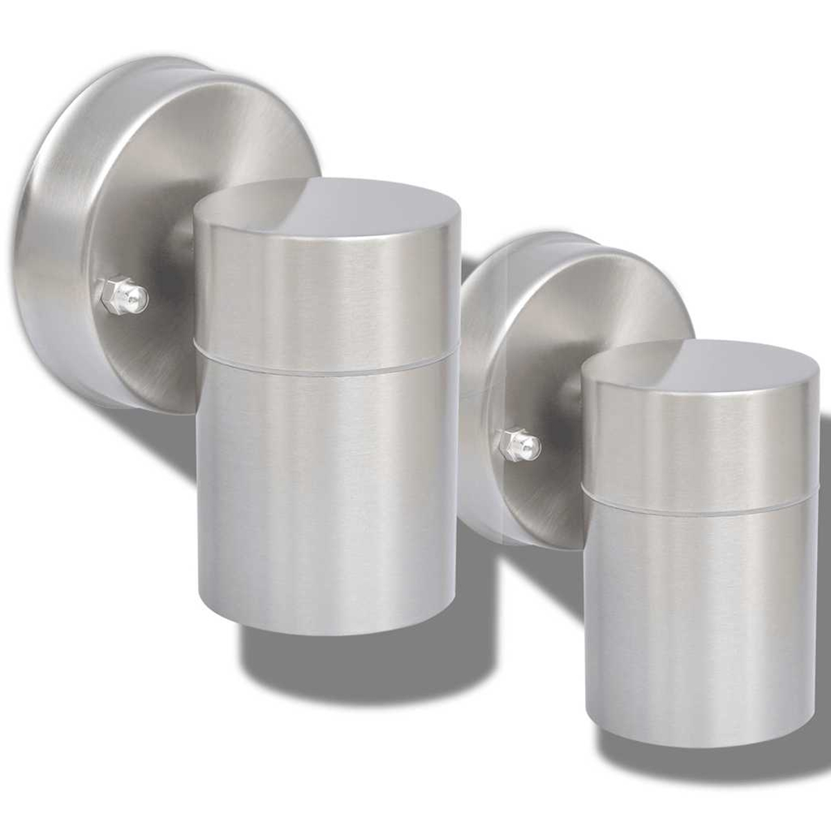 Zwei zylindrische Wandleuchten aus gebürstetem Metall.