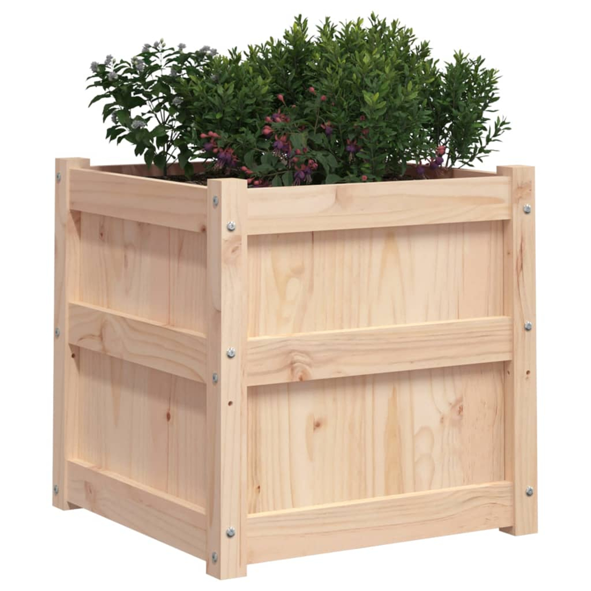 Holz-Pflanzkasten mit grünen Pflanzen und lila Blüten.