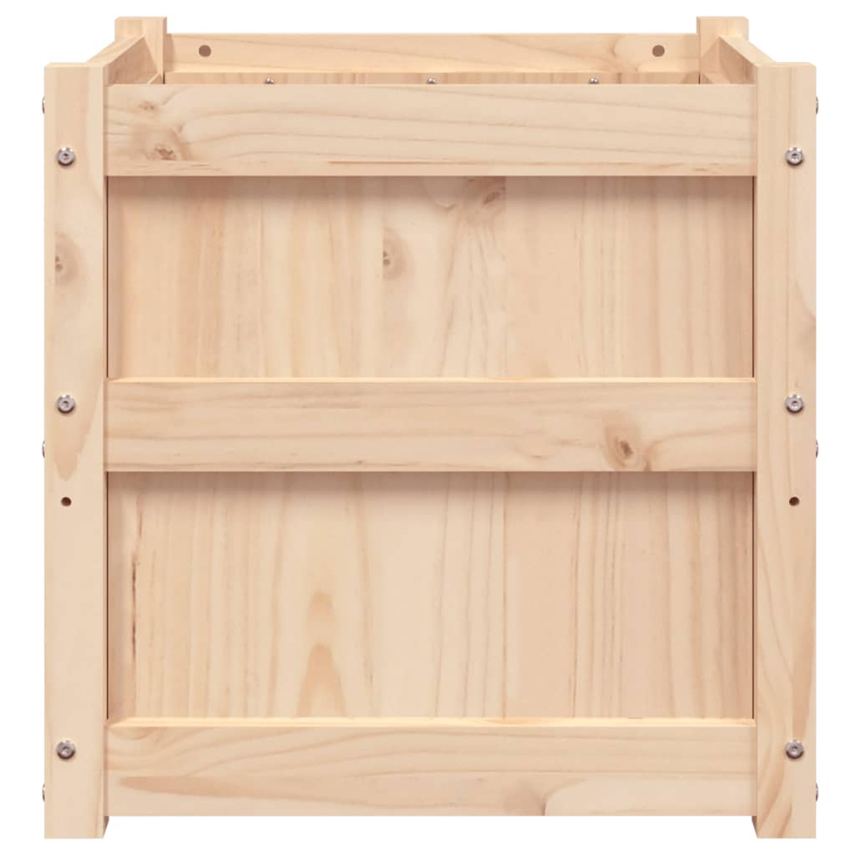 Ein unbehandelter Holzkasten mit Querstreben und Schrauben.
