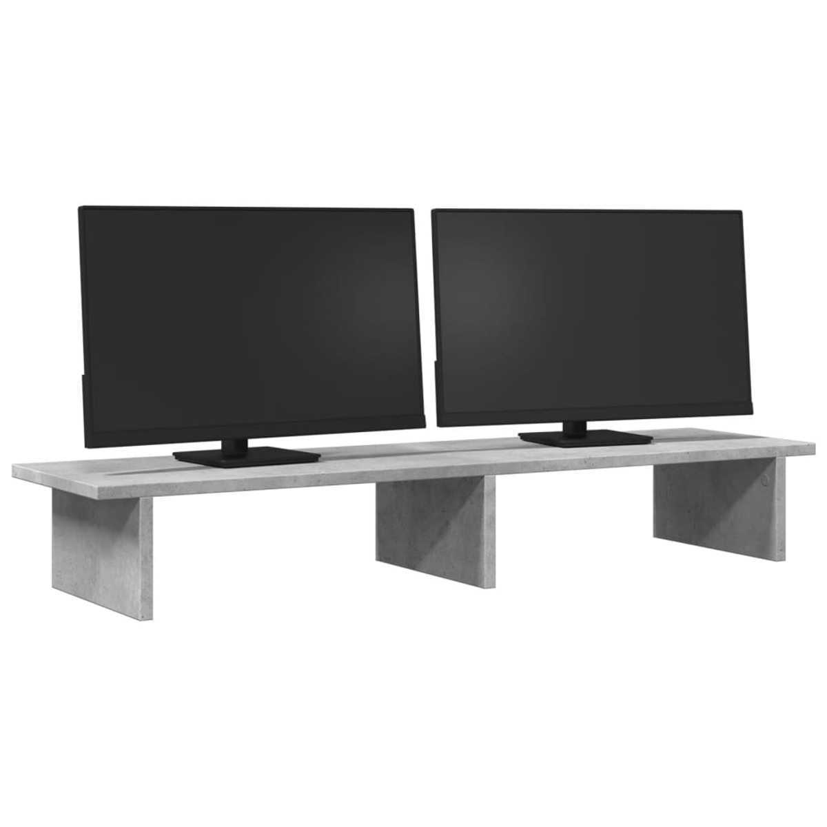Zwei schwarze Monitore stehen nebeneinander auf einem grauen Betonständer.