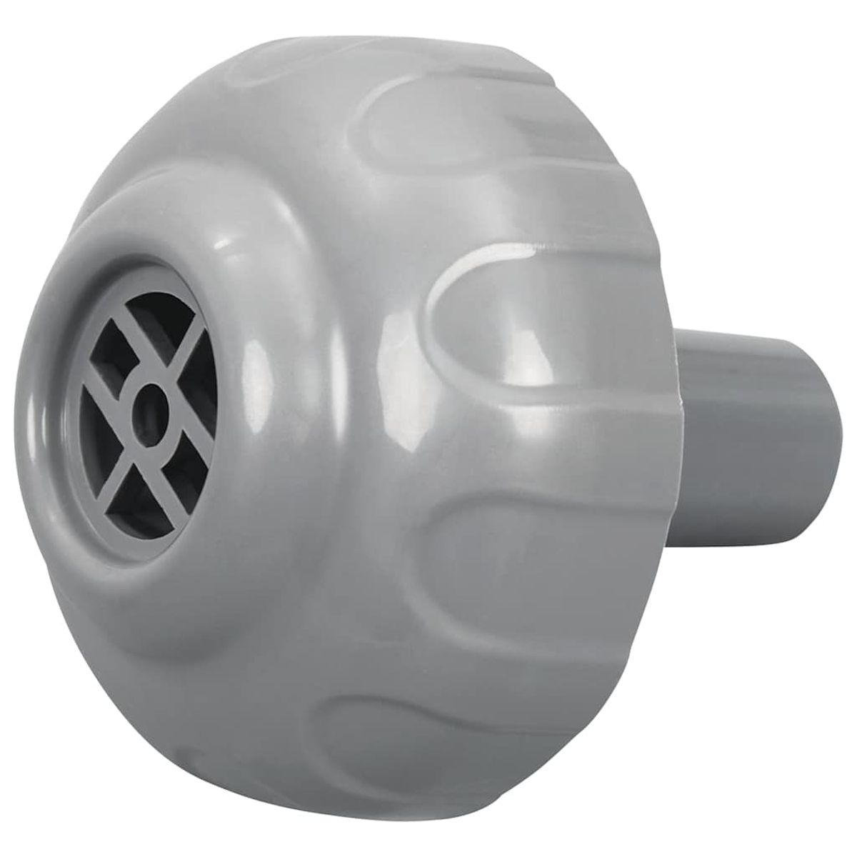 Une vanne grise et ronde avec une ouverture rainurée à gauche et une tige cylindrique à droite.