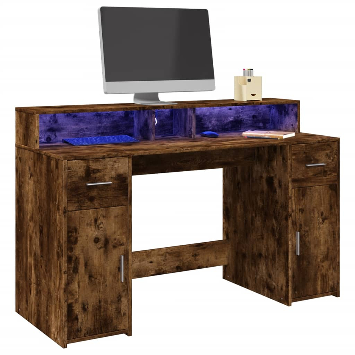 Ein Schreibtisch aus Holz mit Monitor, Tastatur, Maus und blauer LED-Beleuchtung.
