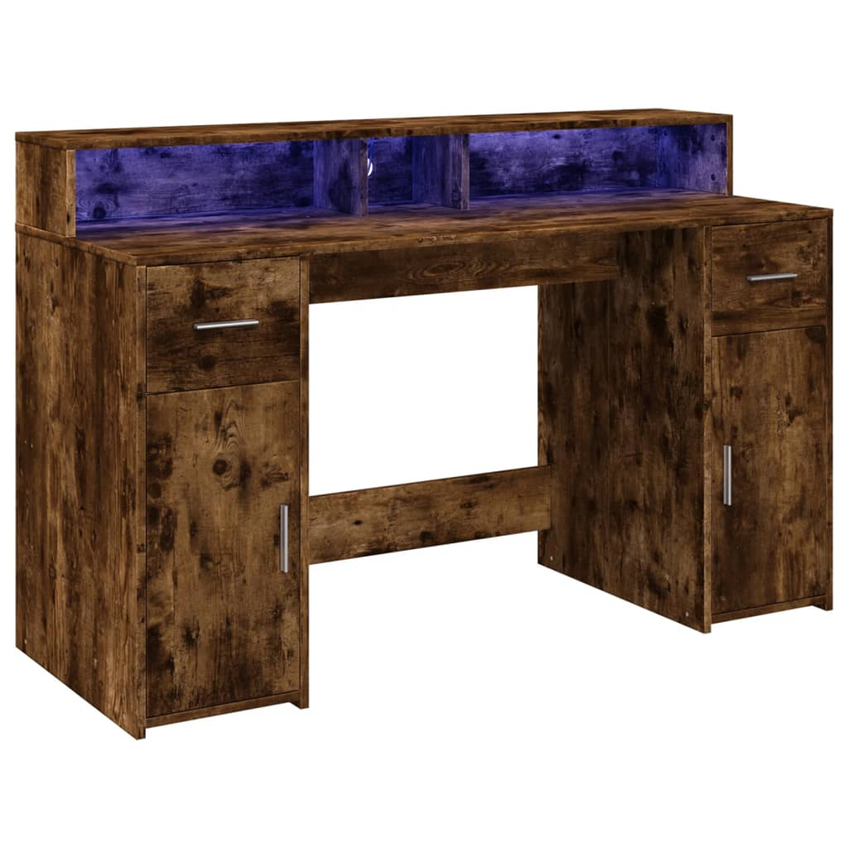 Holzschreibtisch mit blauer Beleuchtung, Schubladen und Türen.
