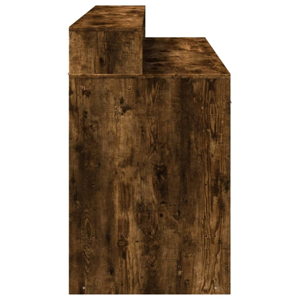 Ein dunkler Holzschrank mit zwei Ebenen, auf weißem Hintergrund.