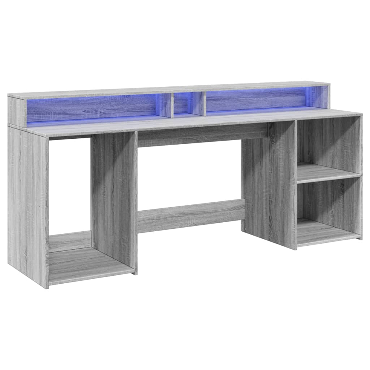 Grauer Schreibtisch mit Aufsatz und blauer LED-Beleuchtung, rechts zwei Regale.