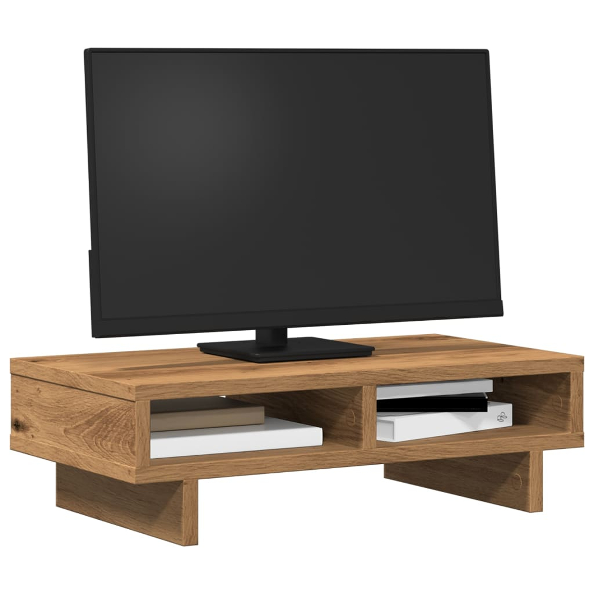 Ein moderner Holzfernsehtisch mit einem schwarzen Flachbildfernseher und Büchern.