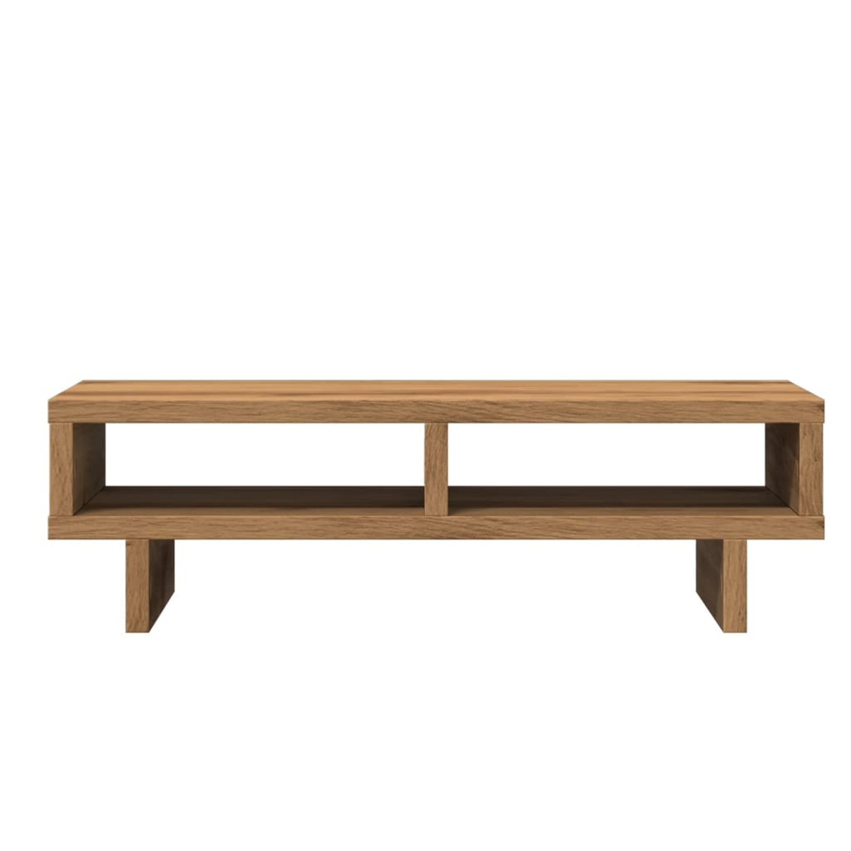 Ein niedriger, rechteckiger Holzschrank mit zwei offenen Fächern und vier Beinen.