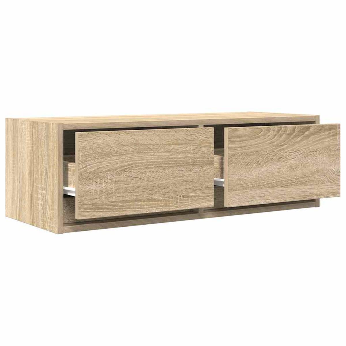 Ein hellbraunes Holzmöbelstück mit zwei Schubladen, eine davon teilweise geöffnet.