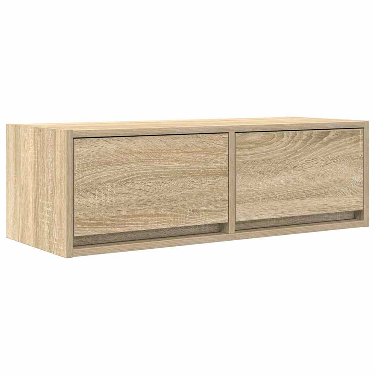 Helles Holzmöbel mit zwei Schubladenfronten und offenem Fach unten.
