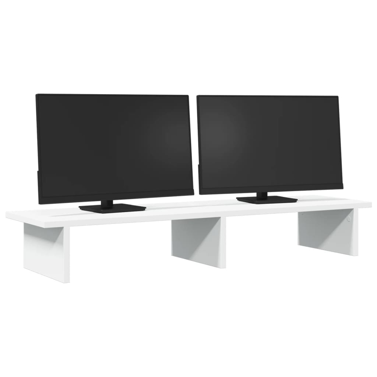 Zwei schwarze Monitore auf einem weißen Ständer.